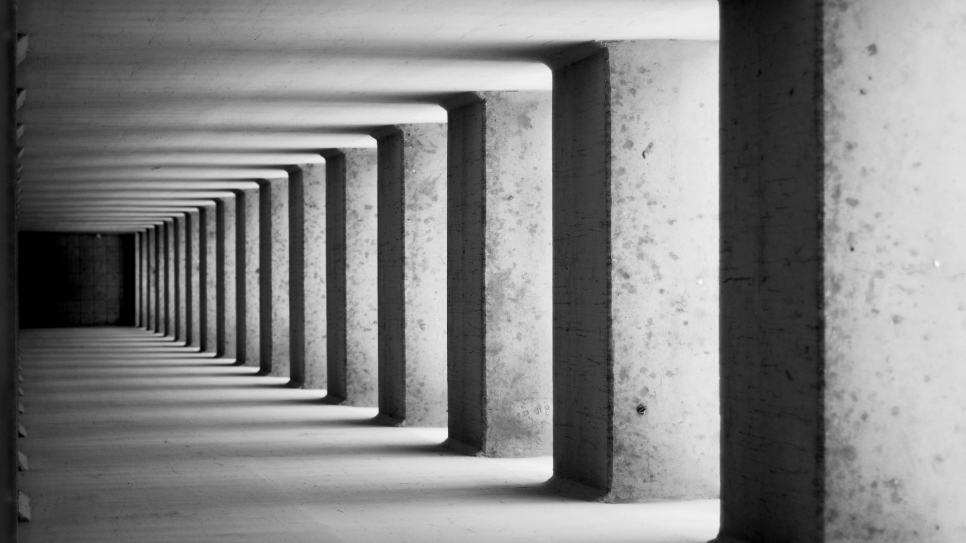 Colunata de concreto em preto e branco, perspectiva em fuga.